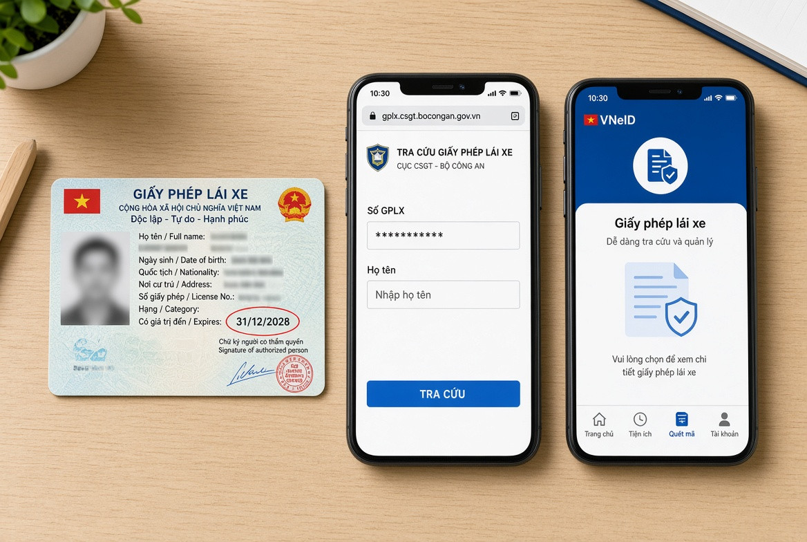 Kiểm tra hạn bằng trên thẻ GPLX, cổng CSGT hoặc VNeID.