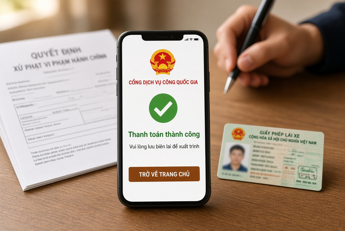 Nộp phạt trực tuyến trên Cổng Dịch vụ công Quốc gia rồi lưu biên lai trước ngày sát hạch.