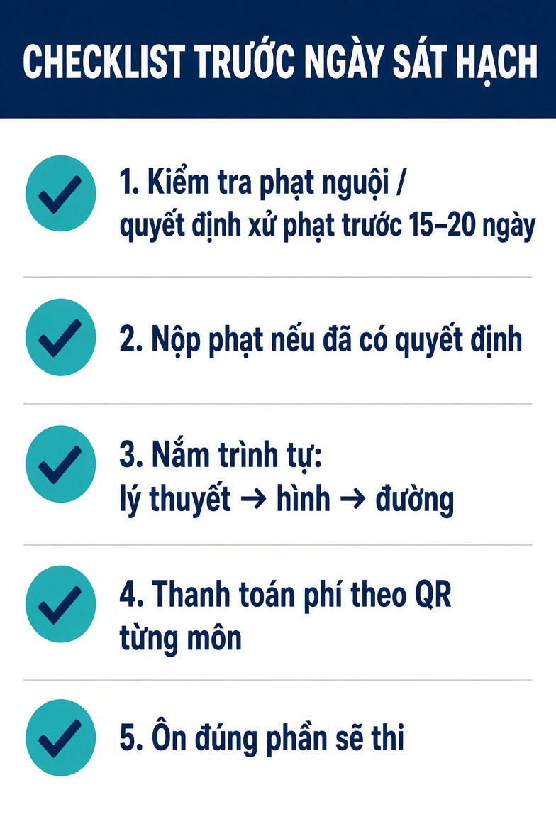 Kiểm tra giấy phạt, ôn đúng phần thi và nắm trình tự trước kỳ sát hạch.